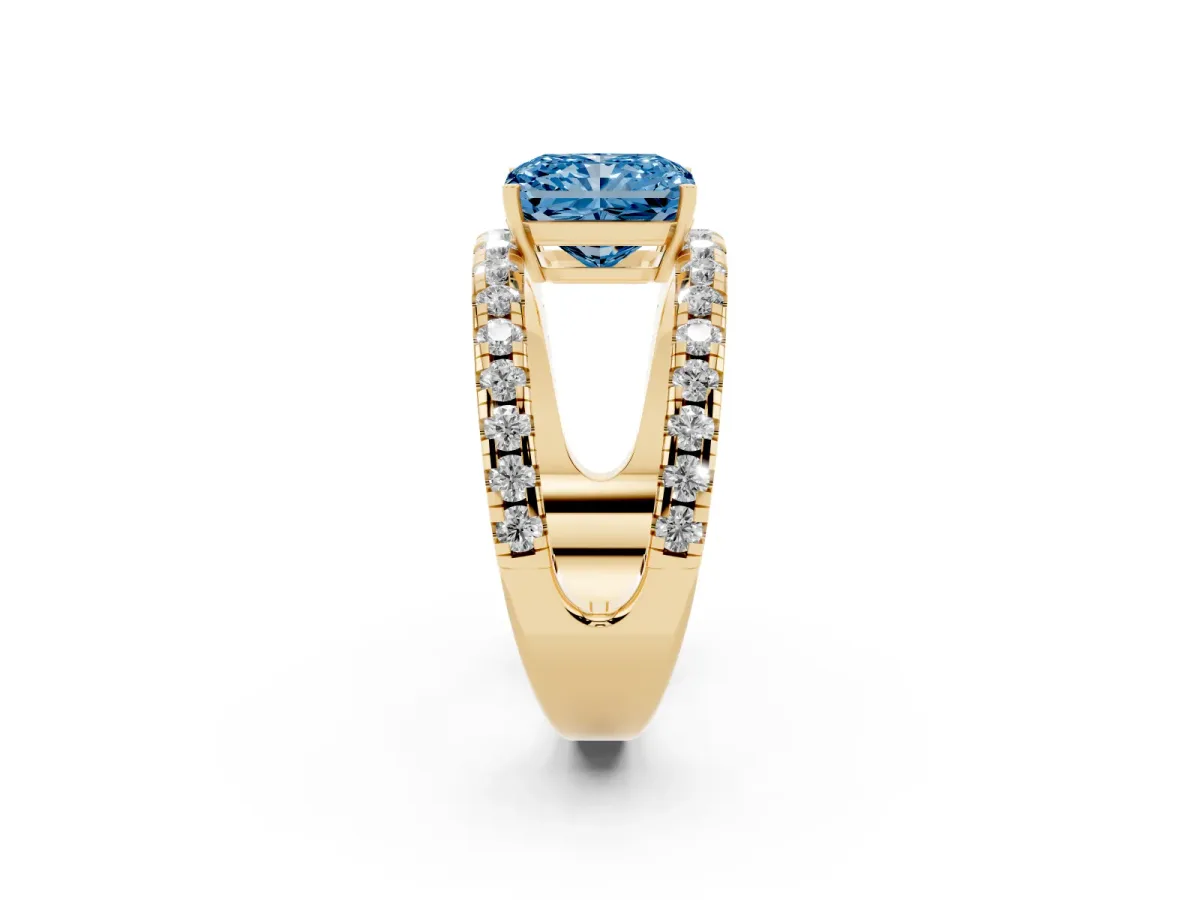 Fancy Blue Radiant Cut Solitaire Split Shank Pave Diamond Ring Yellow gold