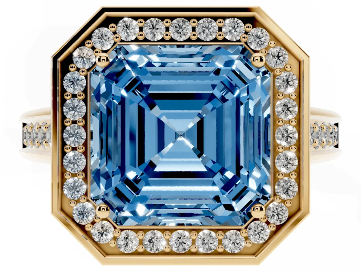Fancy Blue Asscher Cut Halo Solitaire Diamond Ring with Pave Band and Bezel Setting Yellow gold