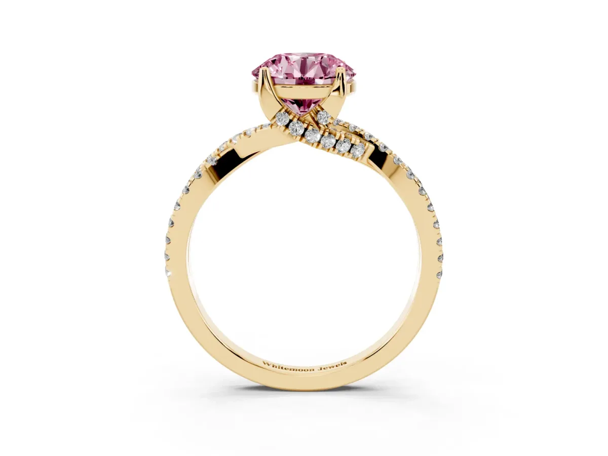 Fancy Pink Round Cut Solitaire Twist Pave Diamond Engagement Ring with Prong Setting Yellow gold