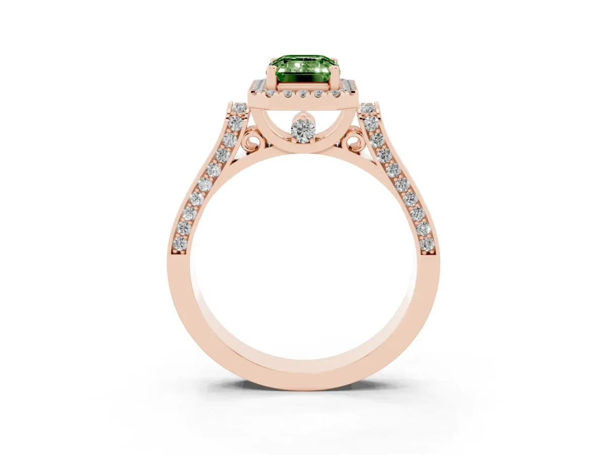Fancy Green Emerald Cut Halo Pave Split Shank Prong Setting Ring Rose gold