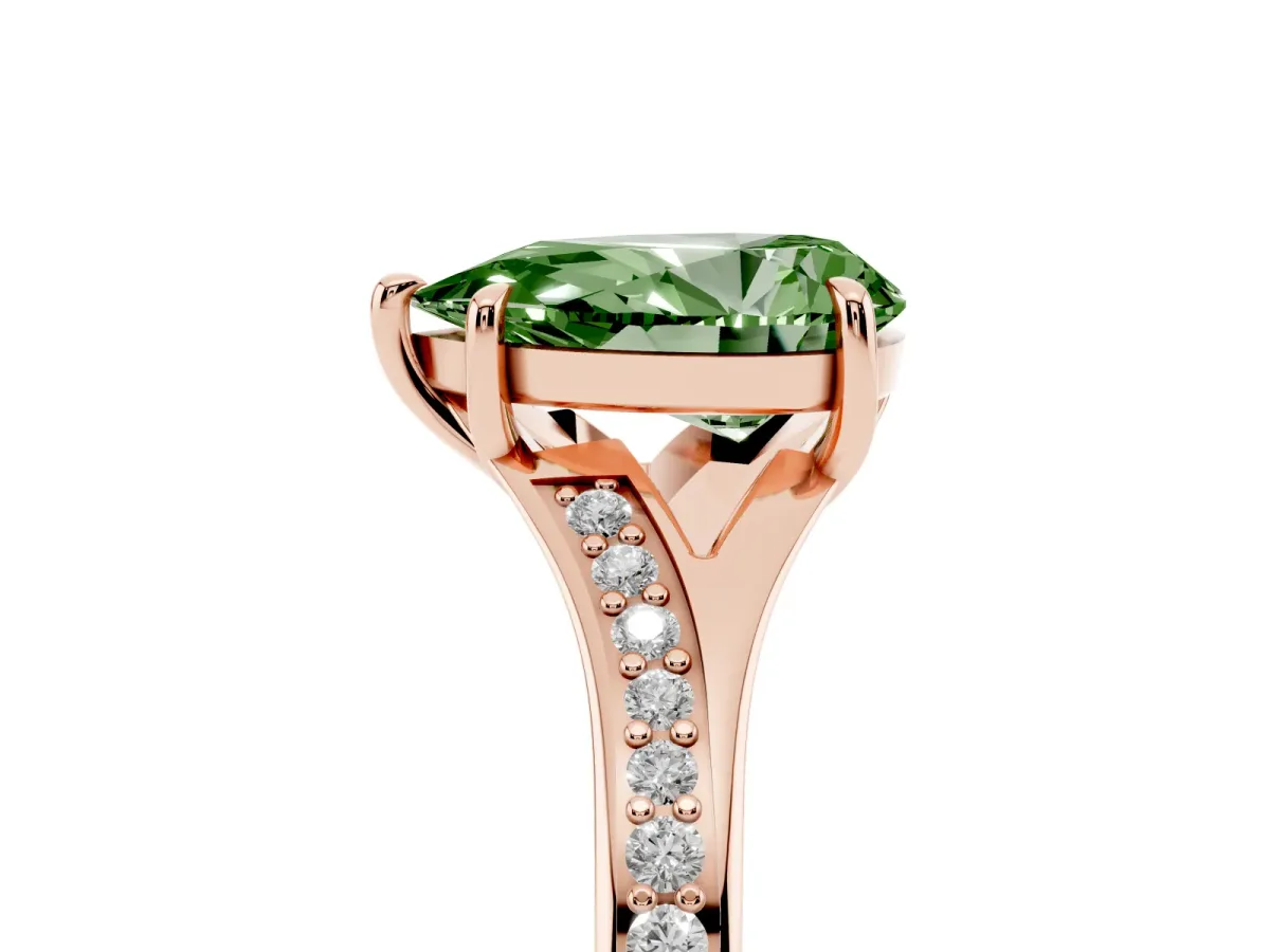 Fancy Green Pear Cut Diamond Solitaire Ring with Pavé Band and Prong Setting Rose gold