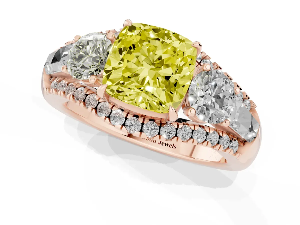 Fancy Yellow Three-Stone Cushion Cut Diamond Engagement Ring with Pave Band and Prong Setting Rose gold
