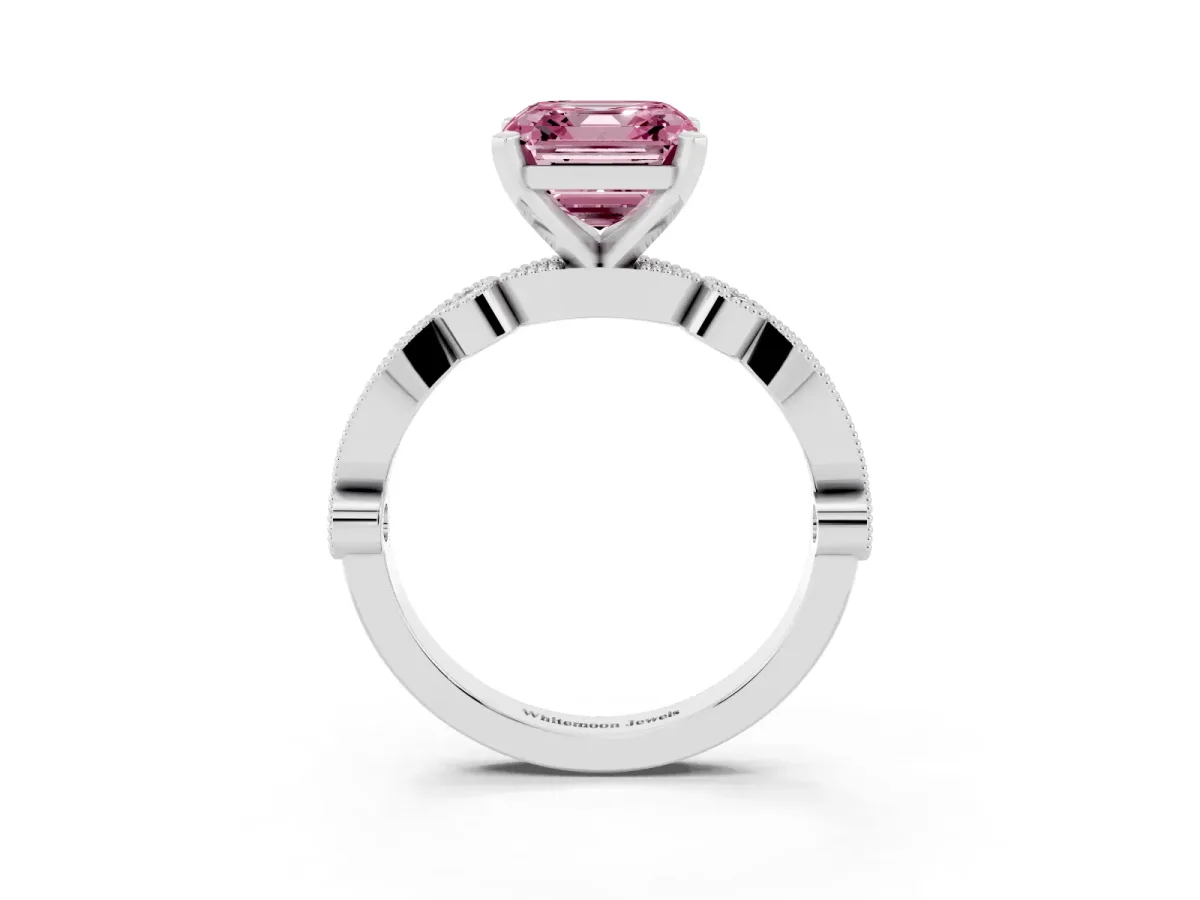 Fancy Pink Asscher Cut Milgrain Bezel Diamond Engagement Ring with Solitaire Prong Setting Platinum