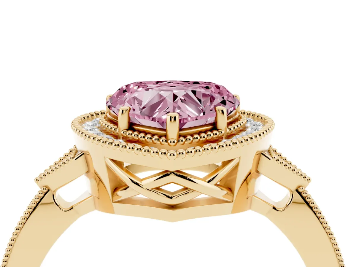 Fancy Pink Heart Cut Halo Round Diamond Milgrain Pave Engagement Ring Yellow gold