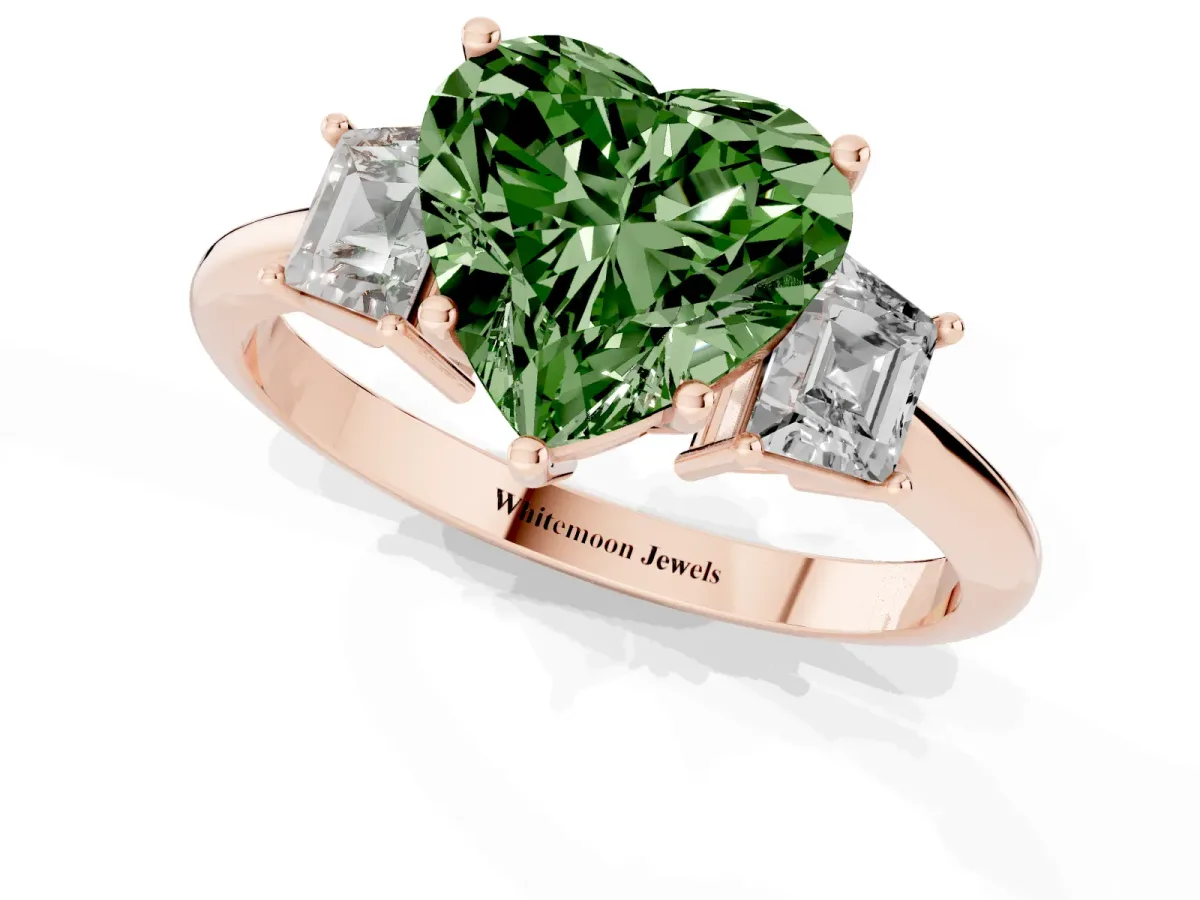 Fancy Green Heart Cut Diamond Three-Stone Ring with Trapezoid Side Stones and Prong Setting Rose gold