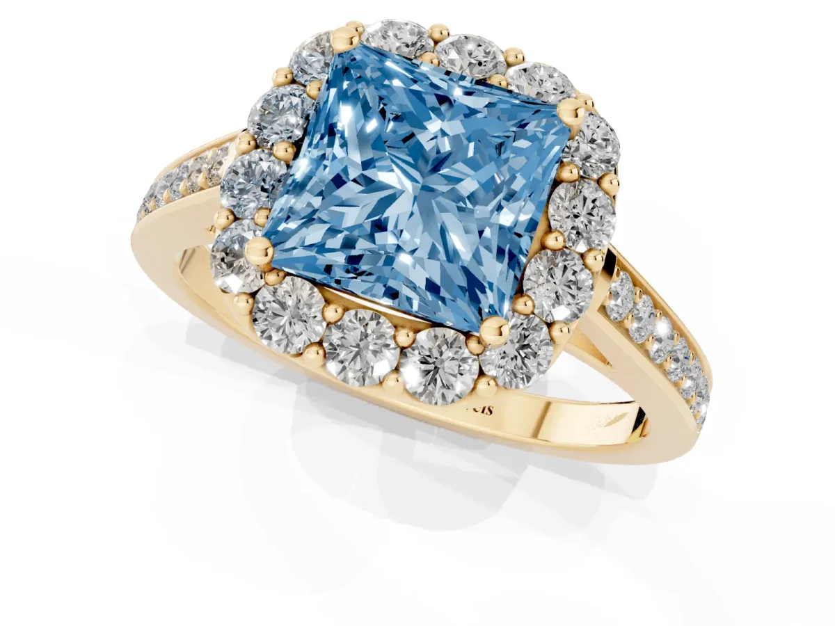 Fancy Blue Princess Cut Diamond Floral Halo Ring with Pavé Band and Prong Setting Yellow gold