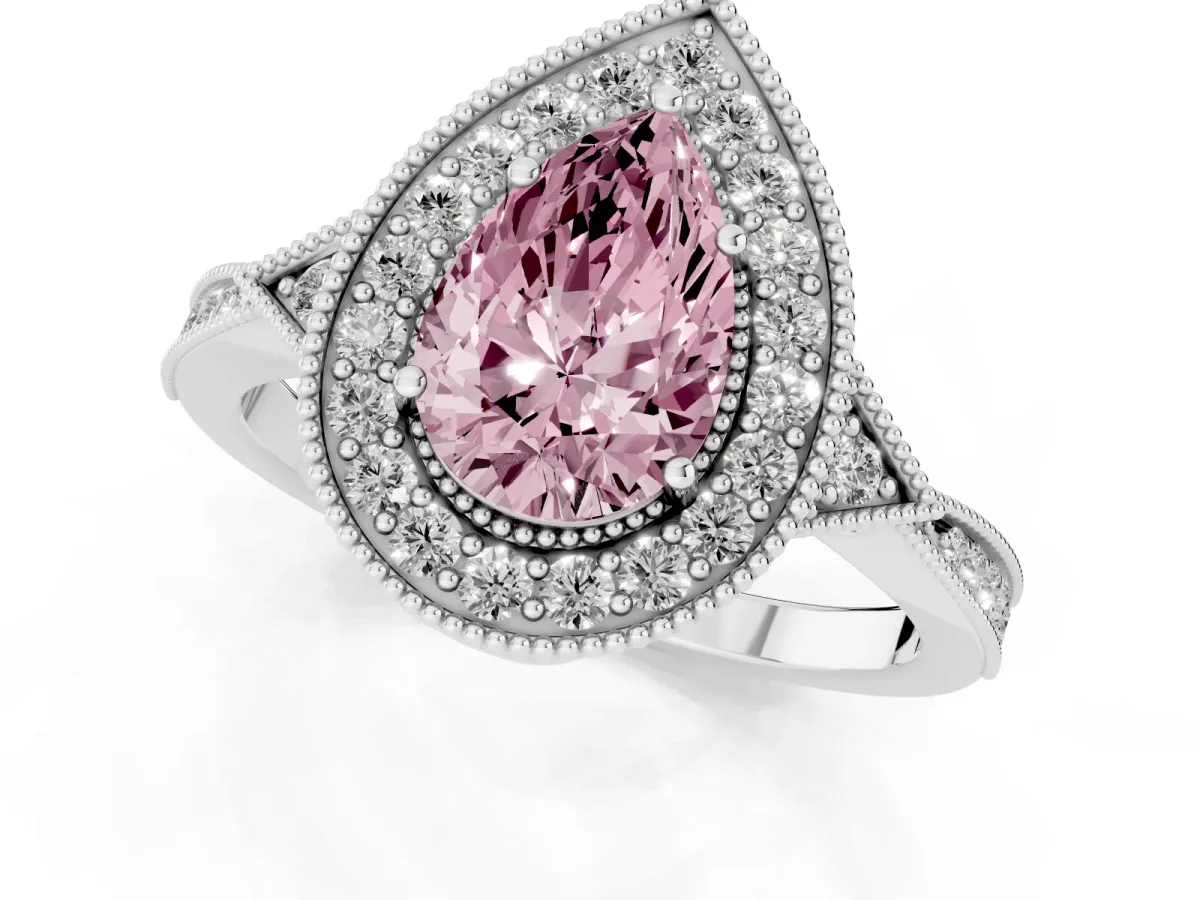 Fancy Pink Pear Cut Halo Round Diamond Milgrain Pave Engagement Ring Platinum