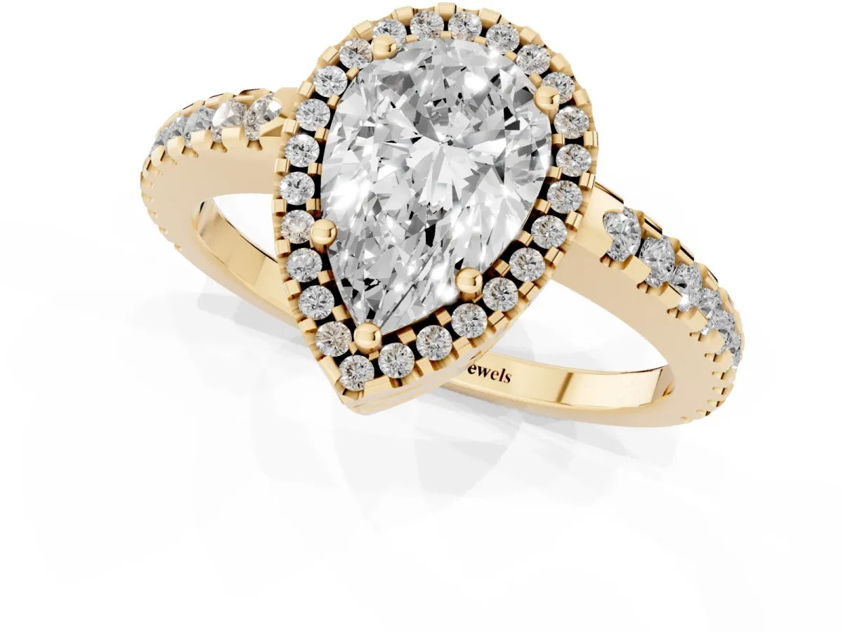 Pear Cut Diamond Halo Engagement Ring with Pavé Band and Prong Setting Yellow gold