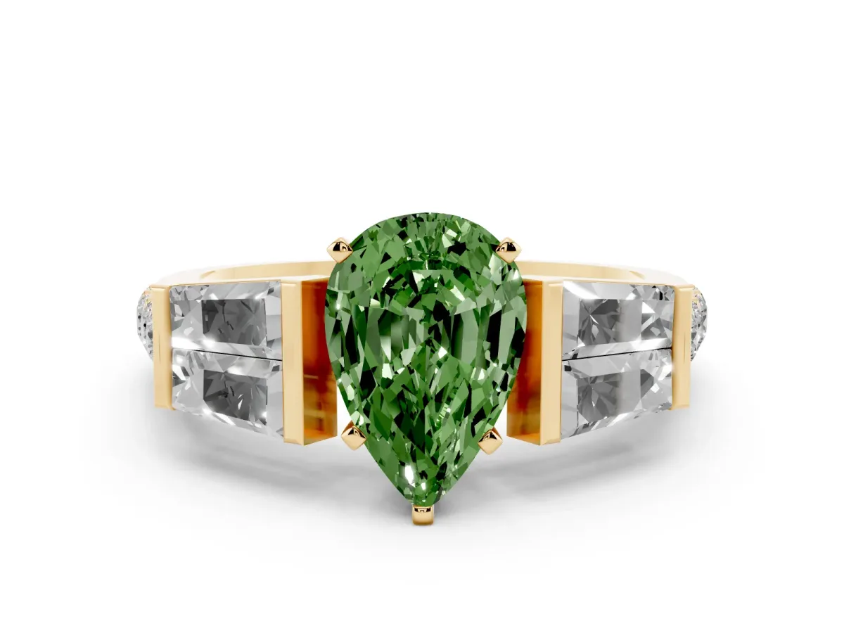 Fancy Green Pear Cut Diamond Engagement Ring with Baguette Side Stones and Channel Set Band Yellow gold
