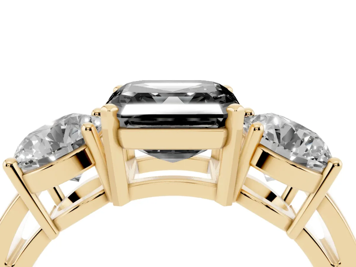Fancy Black Three-Stone Asscher Cut Diamond Ring with Round Side Stones, Classic Band, and Four-Prong Setting Yellow gold