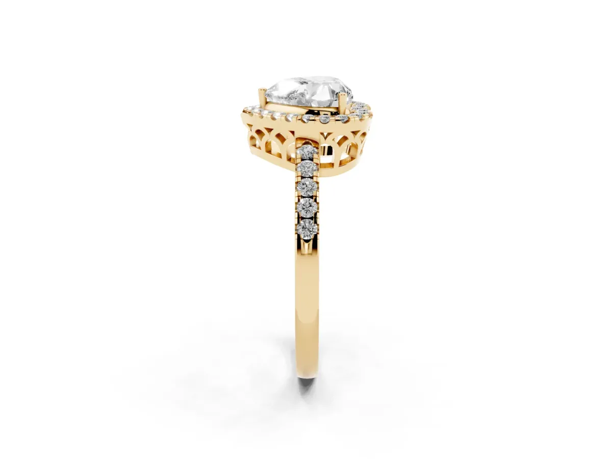 Heart Cut Halo Diamond Engagement Ring with Pavé Band and Four-Prong Setting Yellow gold