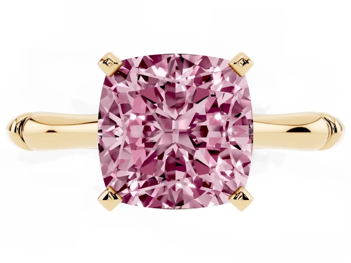 Fancy Pink Cushion Cut Solitaire Diamond Ring with Bamboo Band and Four-Prong Setting Yellow gold