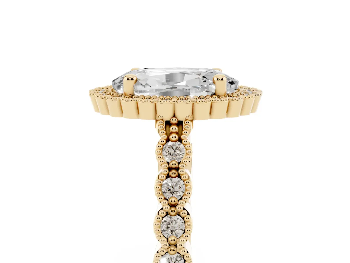 Oval Cut Cut Halo Pavé Solitaire Ring with Milgrain Band Yellow gold