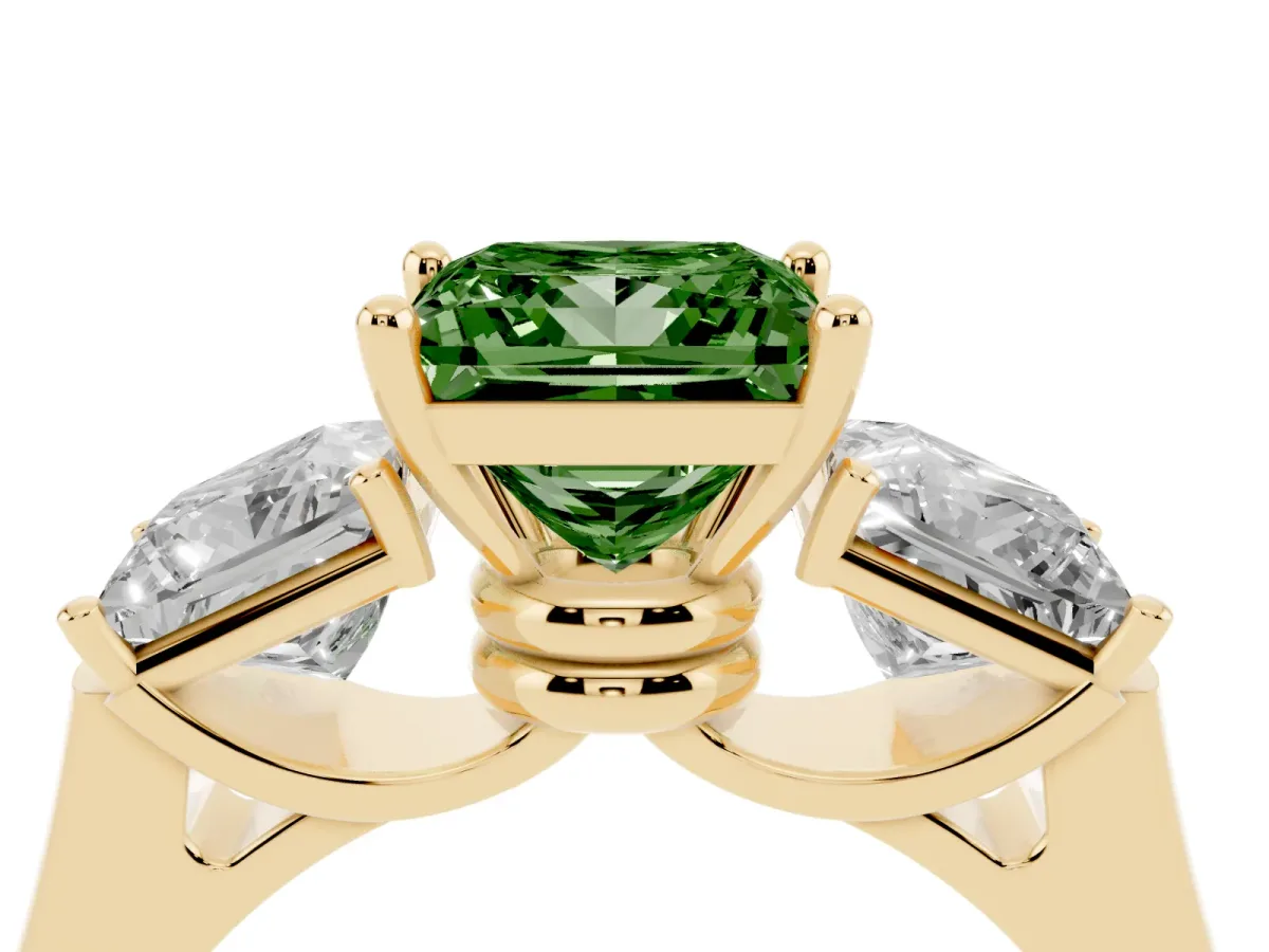 Fancy Green Three-Stone Princess Cut Brilliant Diamond Trellis Ring with Comfort Fit Band Yellow gold