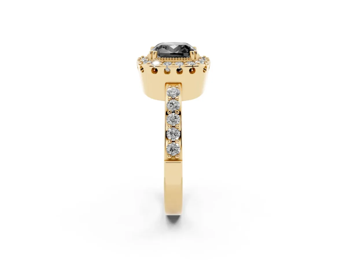 Fancy Black Cushion Cut Diamond Halo Ring with Pavé Band and Prong Setting Yellow gold