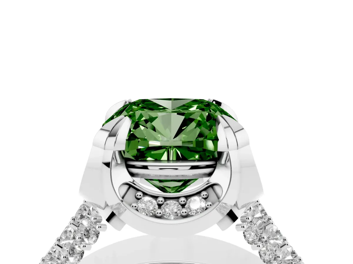 Fancy Green Cushion Cut Solitaire Pave Split Shank Ring with Four-Prong Setting Silver