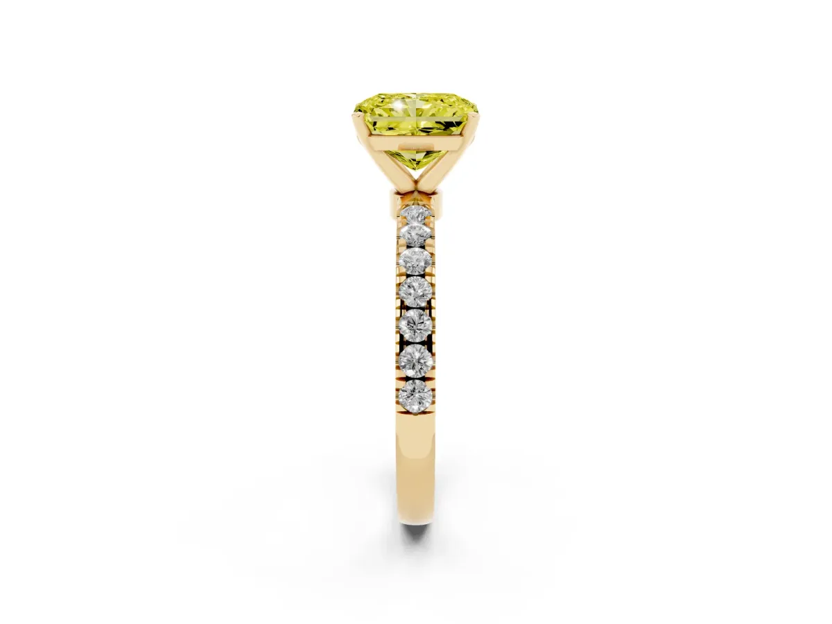 Fancy Yellow Radiant Cut Diamond Solitaire Ring with Pavé Accents and Four-Prong Setting Yellow gold