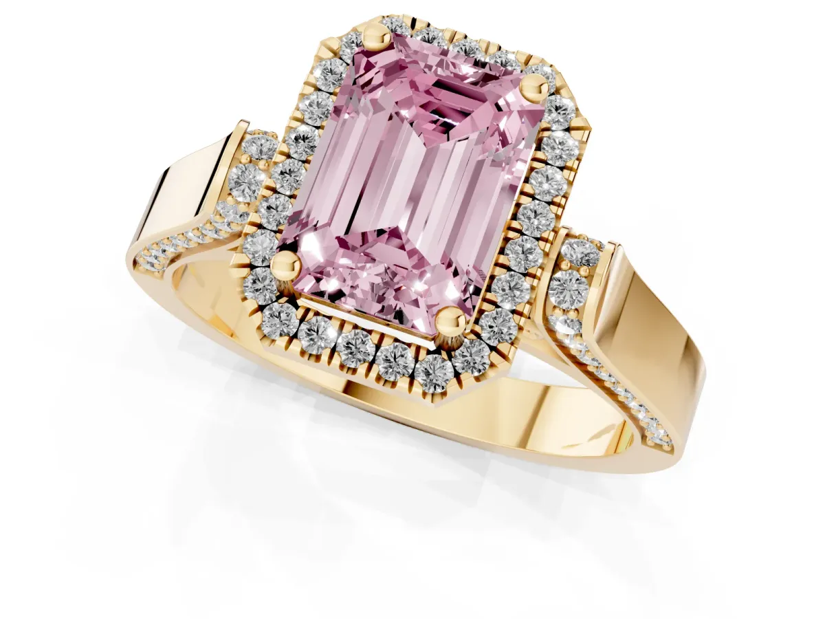 Fancy Pink Emerald Cut Halo Pave Split Shank Prong Setting Ring Yellow gold