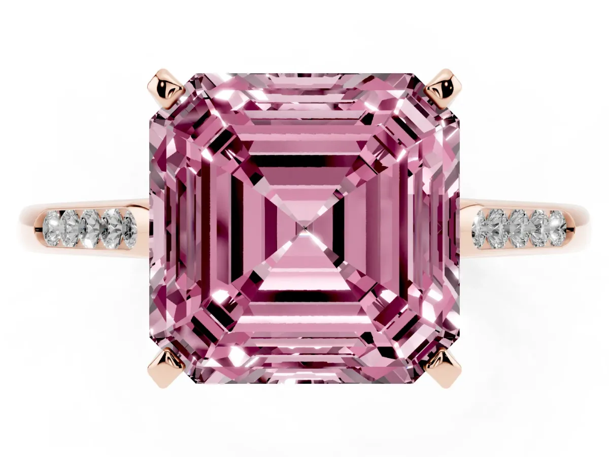 Fancy Pink Asscher Cut Diamond Solitaire Ring with Channel Set Round Band and Prong Setting Rose gold