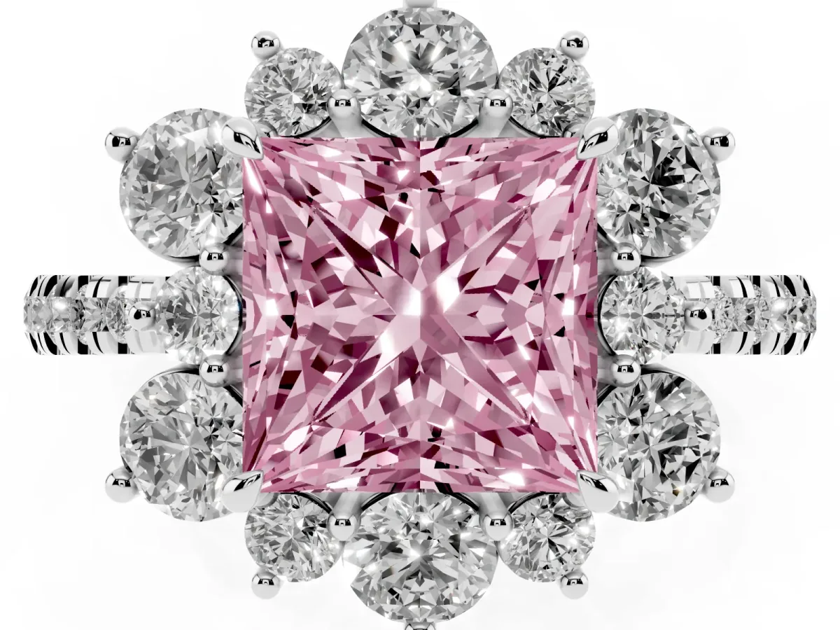 Fancy Pink Princess Cut Diamond Floral Halo Ring with Round Pavé Band and Prong Setting Silver