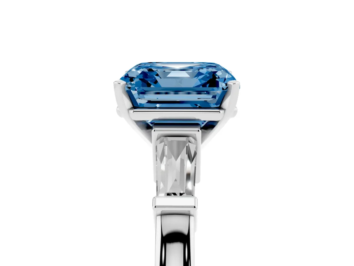 Fancy Blue Asscher Cut Cut Diamond Solitaire Ring with Tapered Baguette Accents and Four-Prong Setting White gold