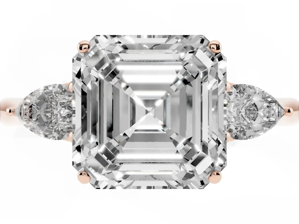 Three-Stone Asscher Cut Brilliant Diamond Solitaire Ring with Tapered Band and Four-Prong Setting Rose gold