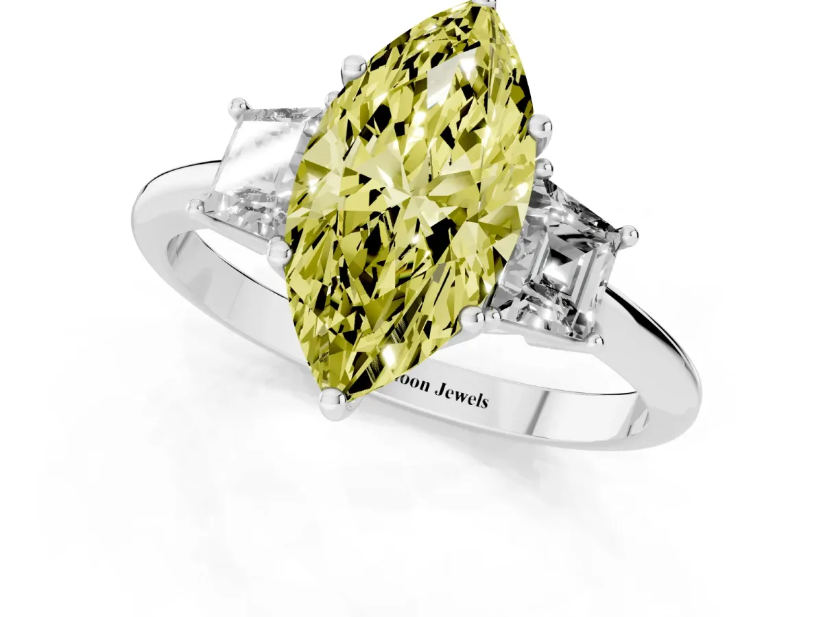 Fancy Yellow Marquise Cut Diamond Three-Stone Ring with Trapezoid Side Stones and Prong Setting Silver