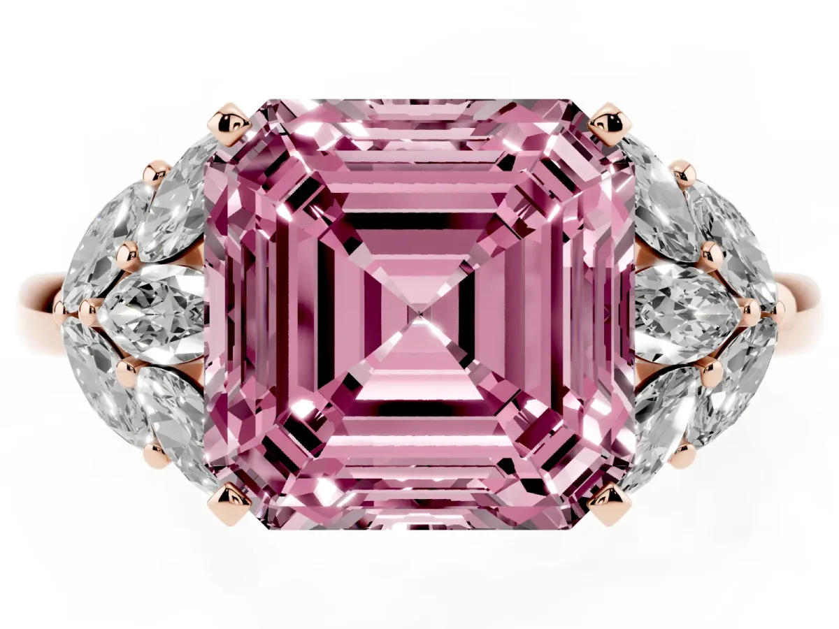 Fancy Pink Asscher Cut Diamond Cluster Leaf Design Ring with Prong Setting Rose gold
