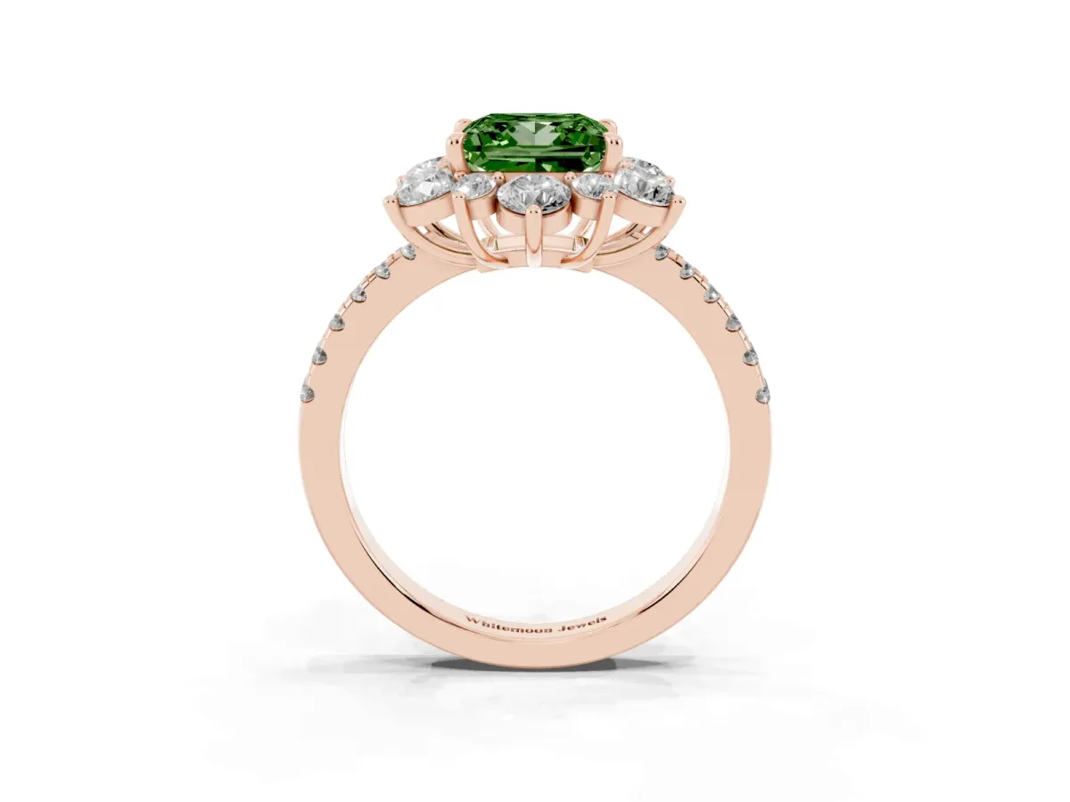 Fancy Green Princess Cut Diamond Floral Halo Ring with Round Pavé Band and Prong Setting Rose gold