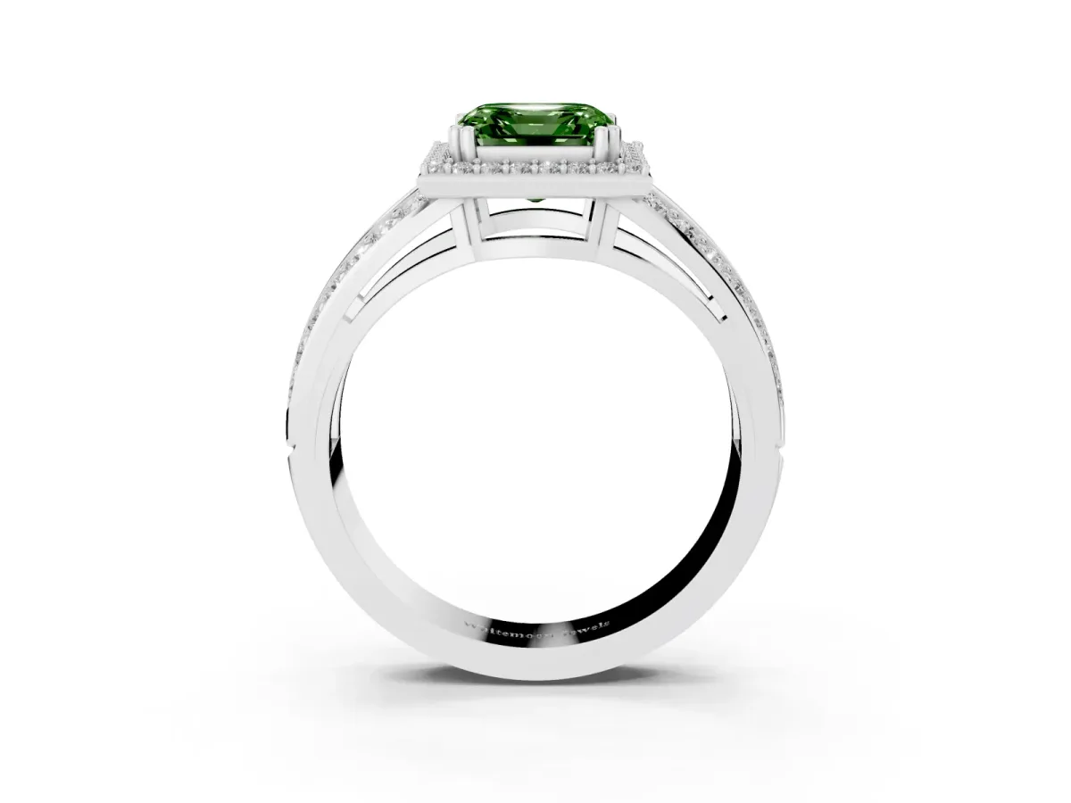 Fancy Green Asscher Cut Diamond Halo Ring with Split Shank Pavé Band and Four-Prong Setting Platinum
