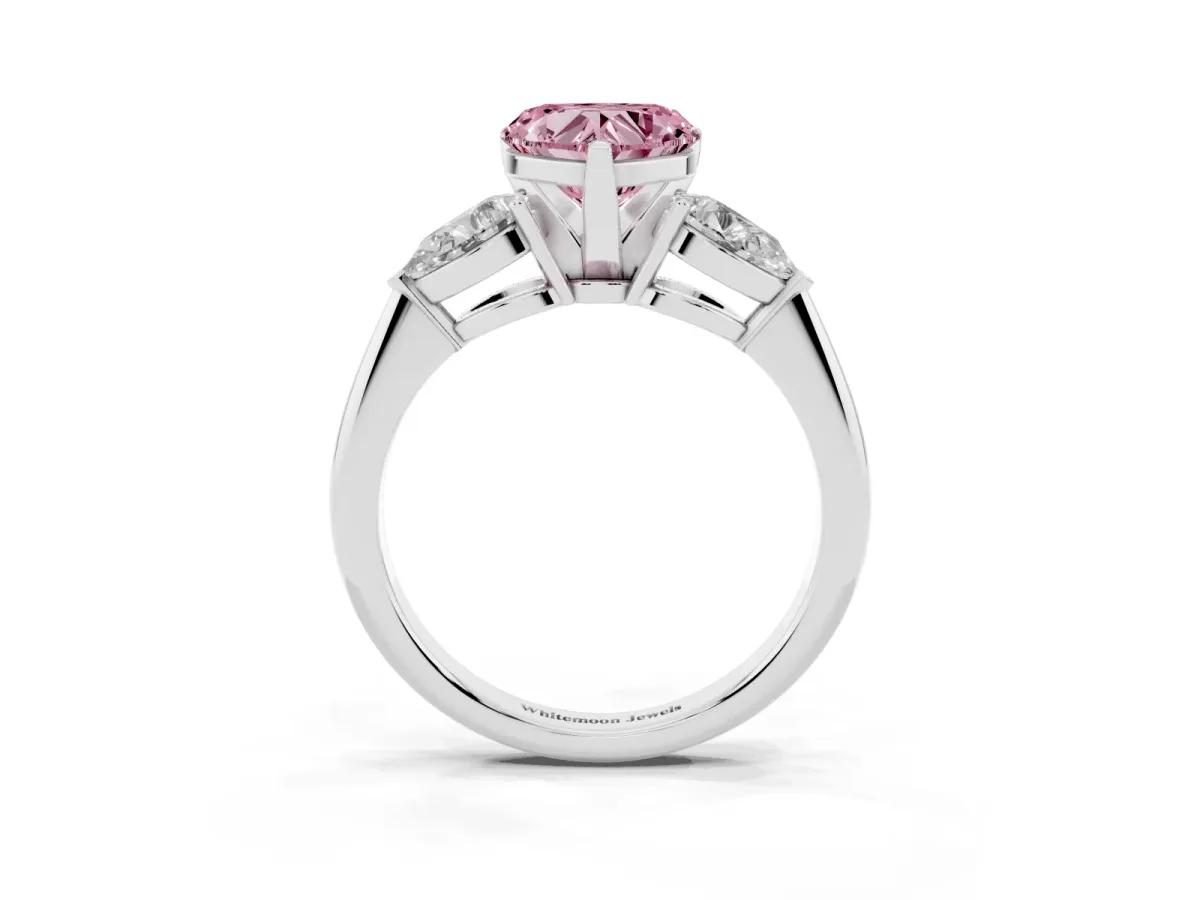 Fancy Pink Three-Stone Heart Cut Diamond Ring with Pear Side Stones and Four-Prong Setting Silver