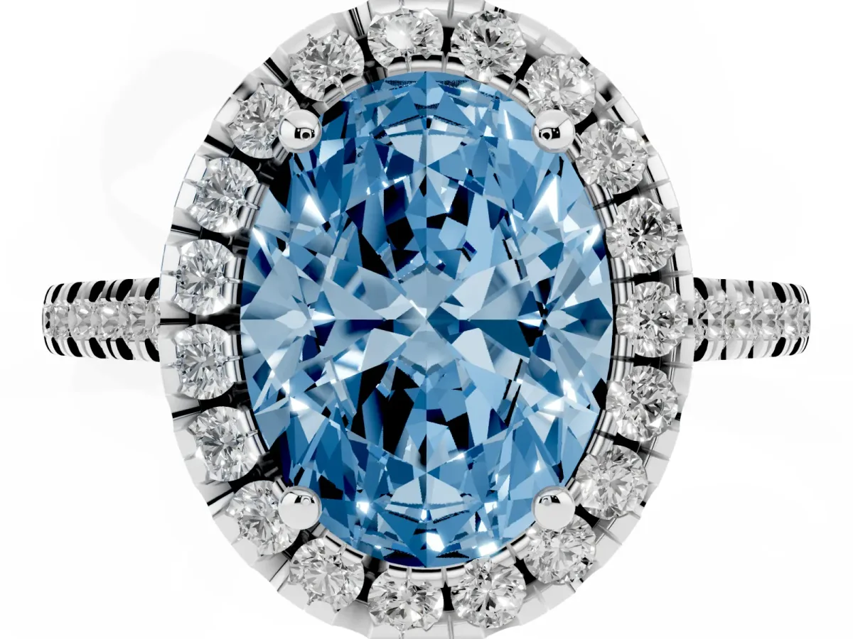 Fancy Blue Oval Cut Diamond Cushion Halo Ring with Pavé Band Silver