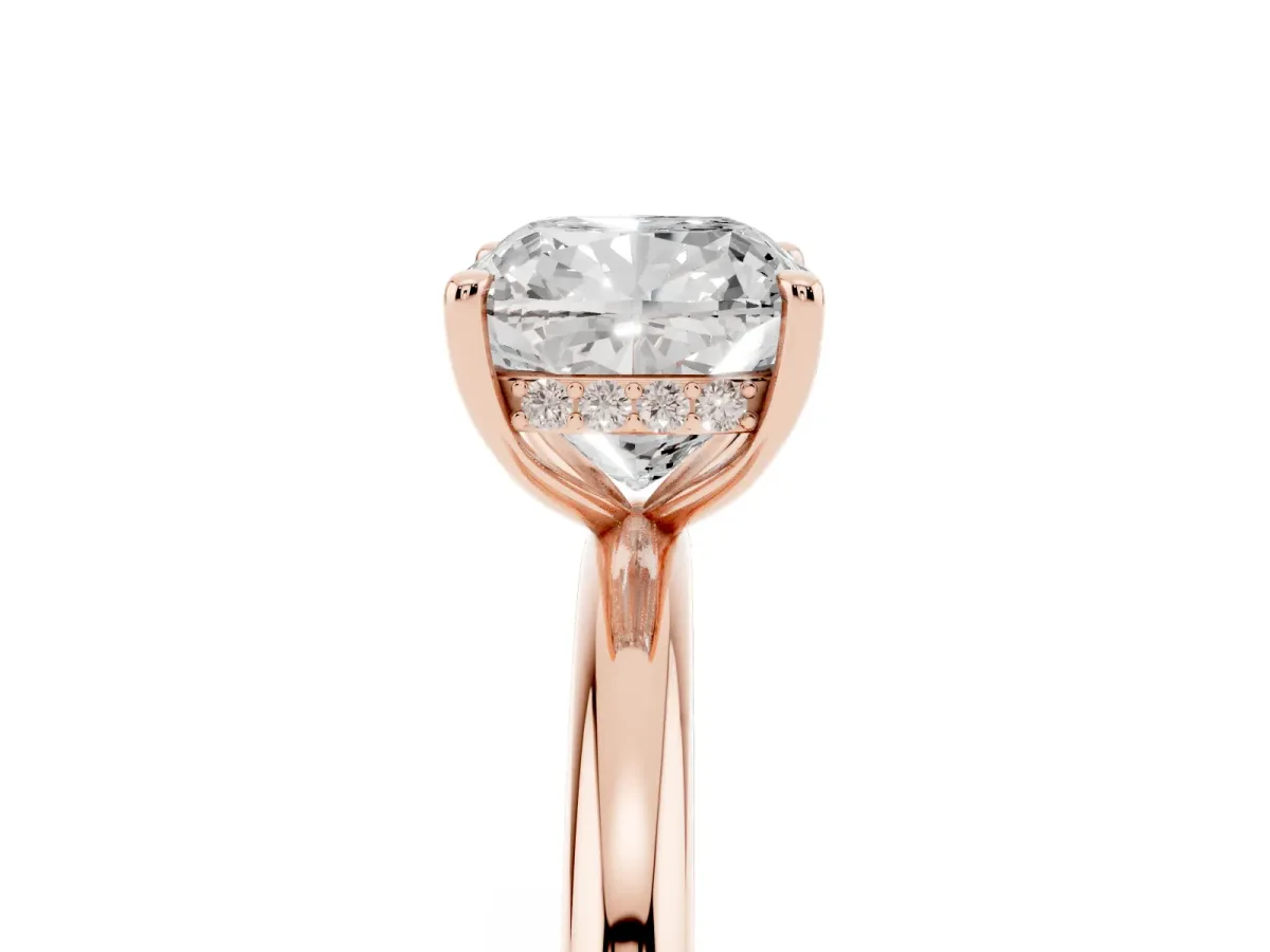 Cushion Cut Diamond Solitaire Ring with Thin Band and Four-Prong Setting Rose gold