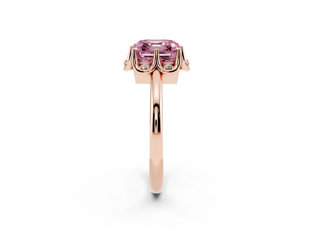 Fancy Pink Asscher Cut Halo Diamond Ring with Round Cluster Setting, Solitaire Band, and Four-Prong Setting Rose gold