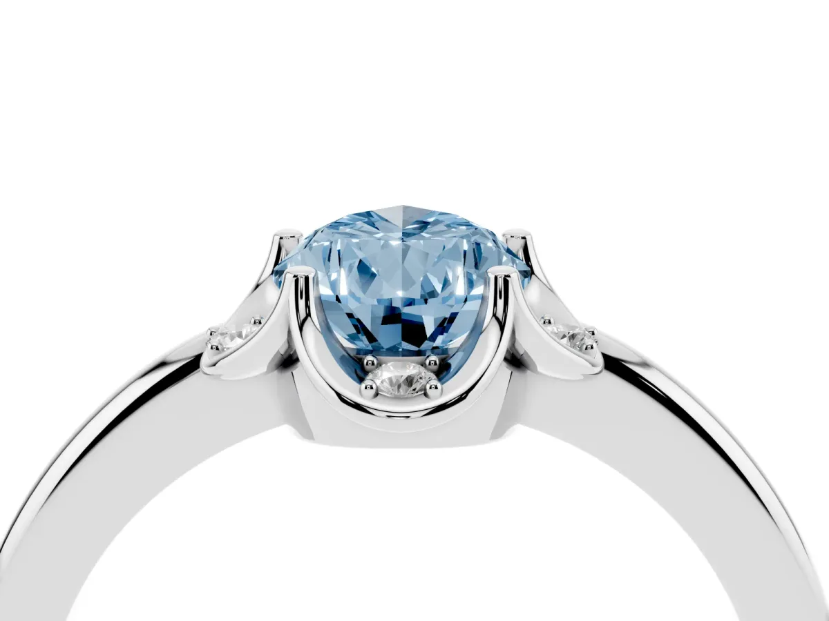 Fancy Blue Pear Cut Halo Diamond Ring with Round Cluster Setting, Solitaire Band, and Four-Prong Setting Silver