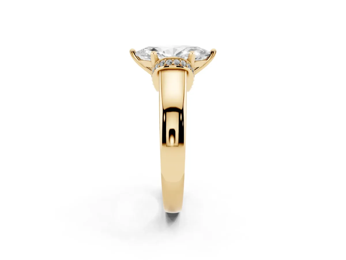 Marquise Cut Solitaire Diamond Ring with Pave Band and Six-Prong Setting Yellow gold