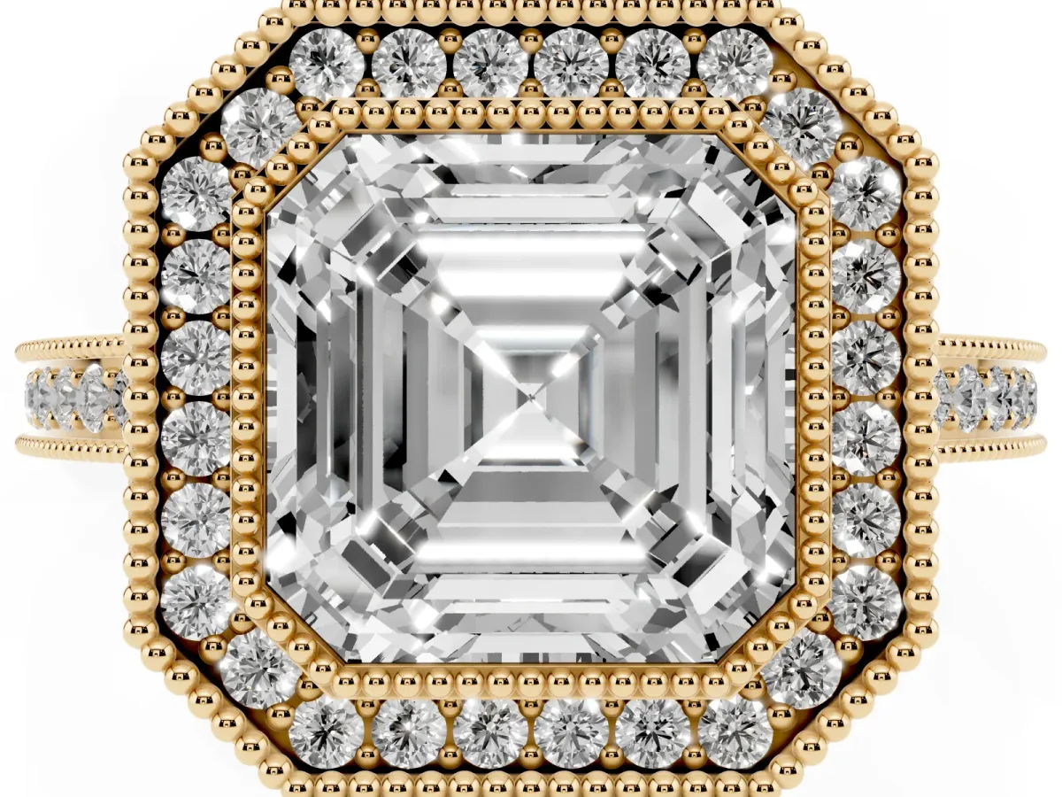 Asscher Cut Cut Halo Diamond Ring with Pavé Band and Milgrain Prong Setting Yellow gold