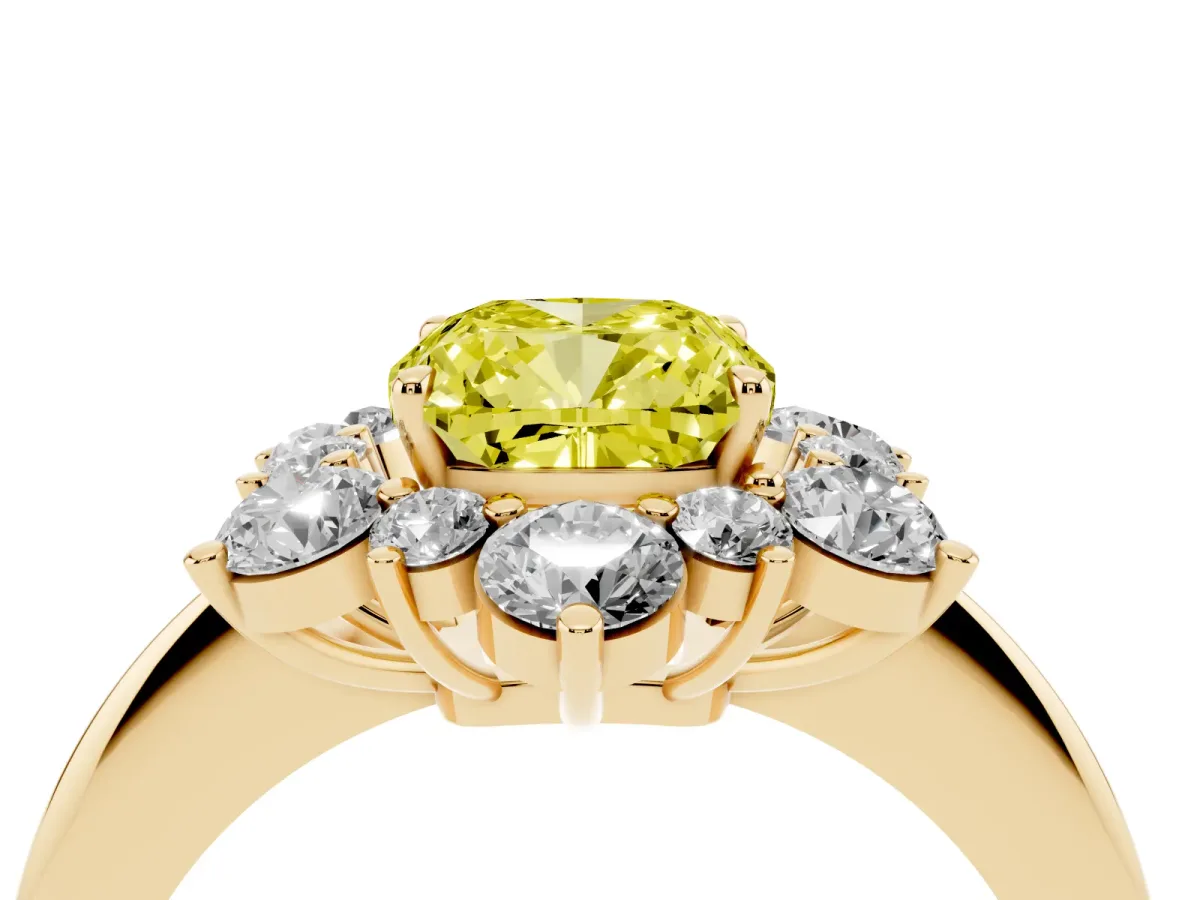 Fancy Yellow Cushion Cut Diamond Cluster Halo Ring with Solitaire Band and Four-Prong Setting Yellow gold