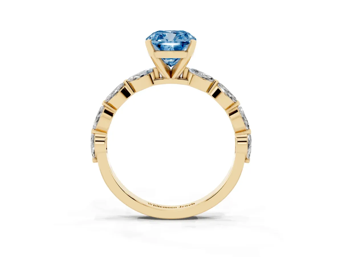 Fancy Blue Cushion Cut Diamond Ring with Marquise Side Stones and Prong Setting Yellow gold