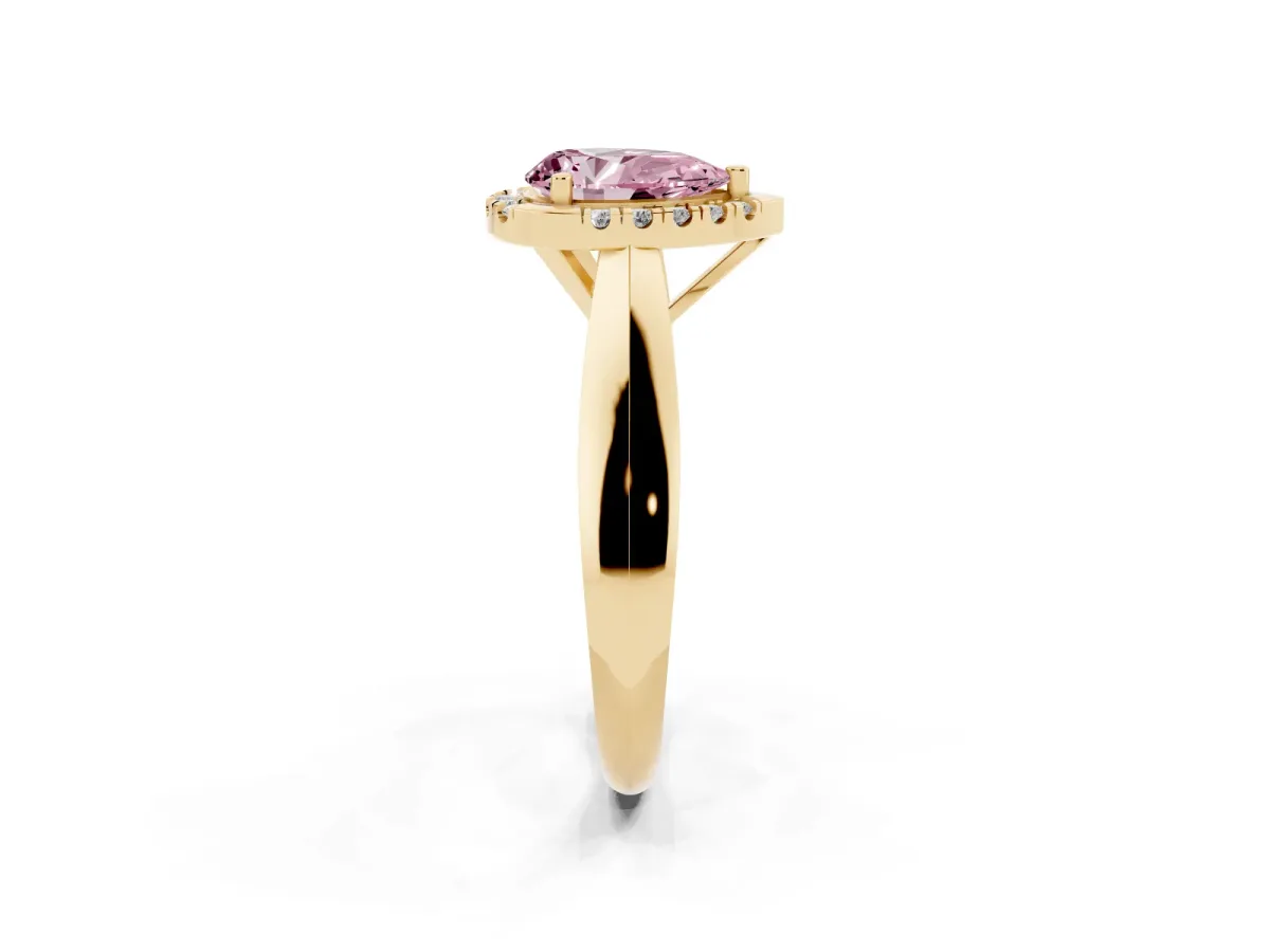 Fancy Pink Pear Cut Cut Halo Solitaire Engagement Ring with Square Band and Four-Prong Setting Yellow gold
