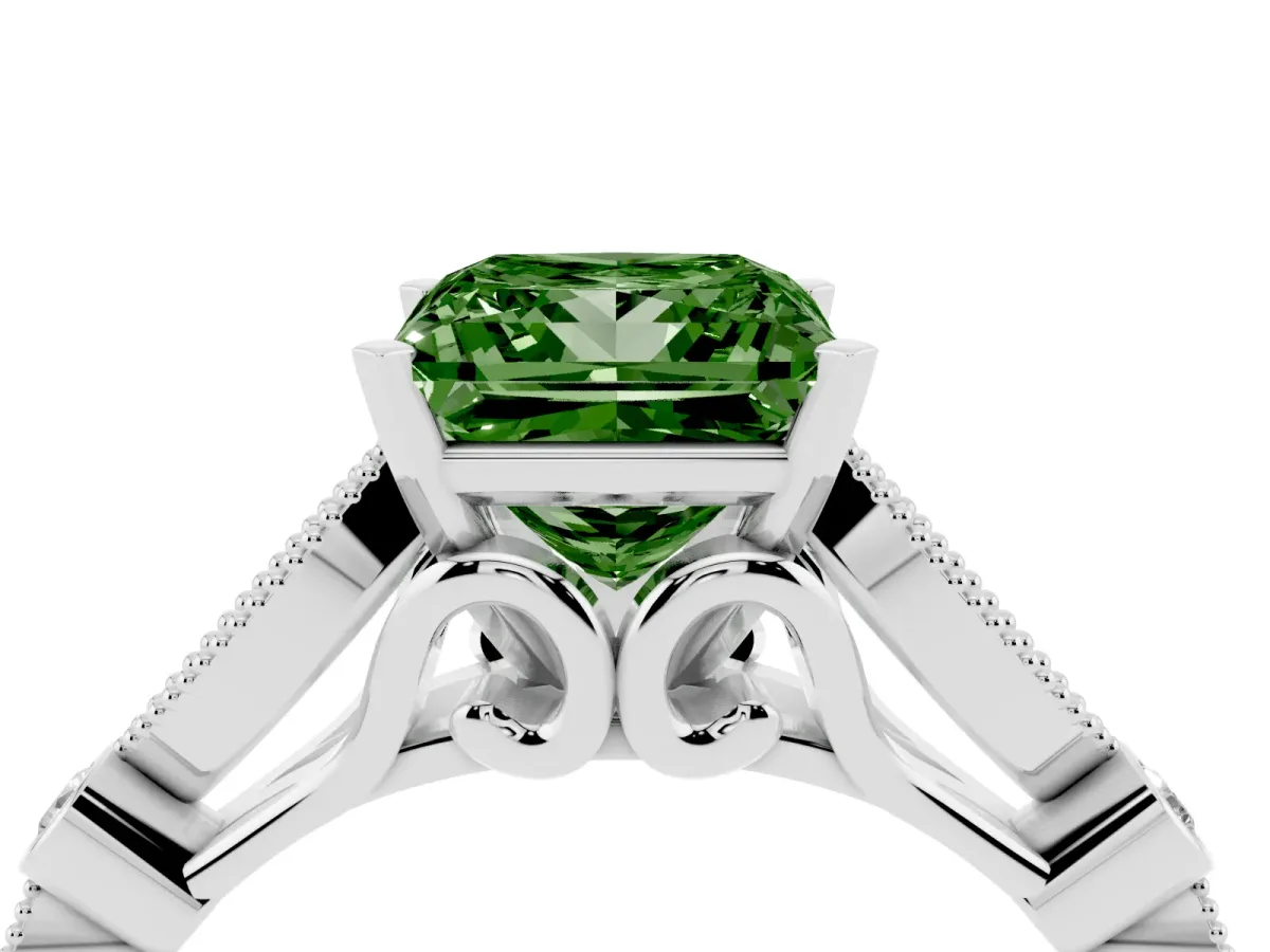 Fancy Green Princess Cut Cut Diamond with Milgrain Marquise and Bezel Accents on a Solitaire Band with Prong Setting White gold