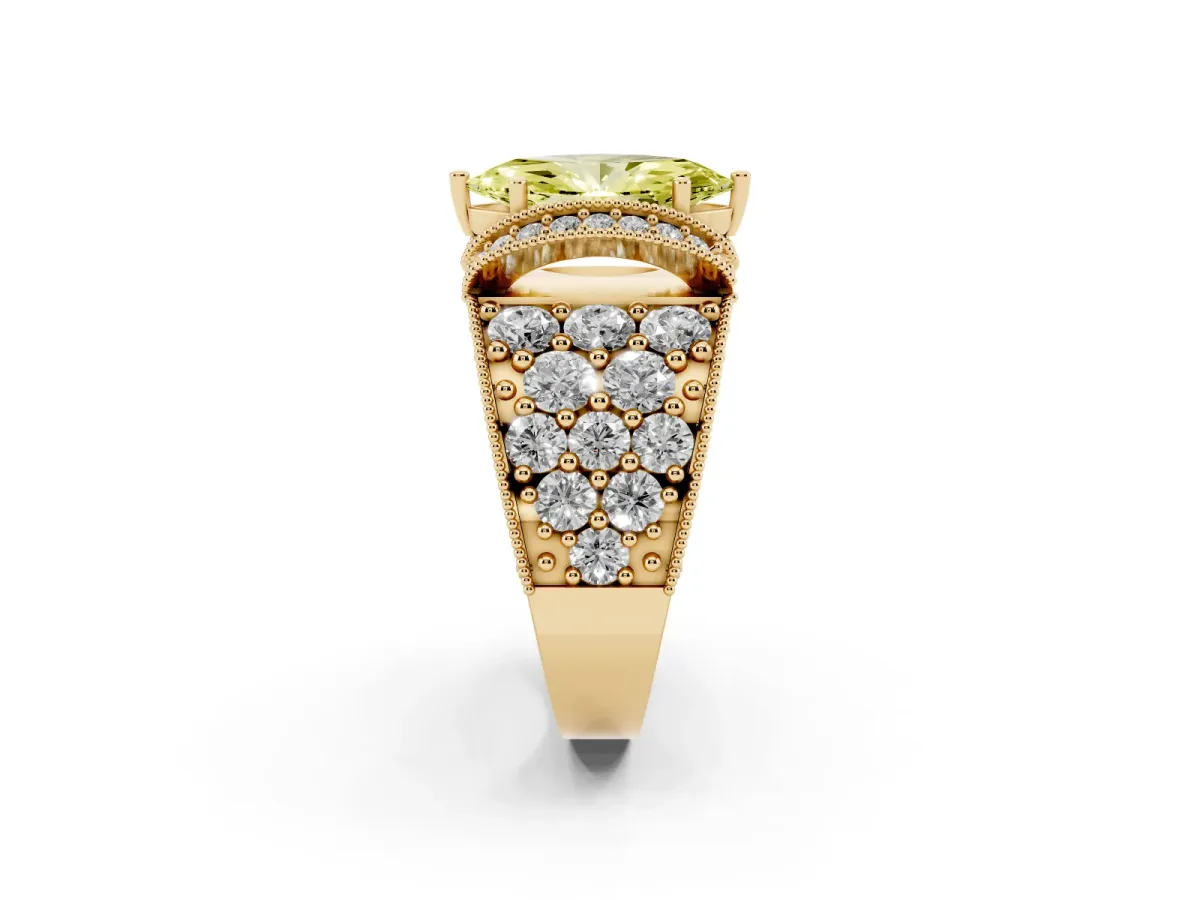 Fancy Yellow Marquise Cut Halo Pave Diamond Engagement Ring with Milgrain Detailing Yellow gold