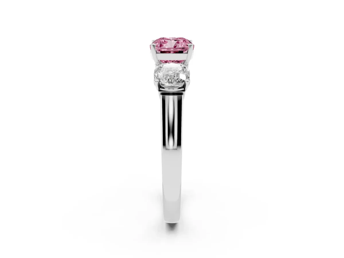 Fancy Pink Three-Stone Cushion Cut Brilliant Diamond Trellis Ring with Comfort Fit Band White gold