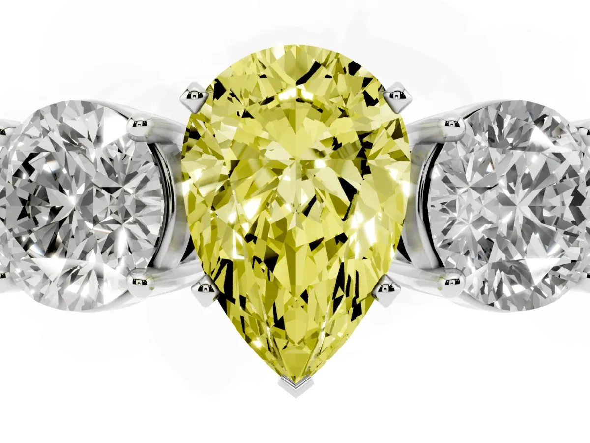 Fancy Yellow Three-Stone Pear Cut Diamond Ring with Round Side Stones, Classic Band, and Four-Prong Setting Platinum