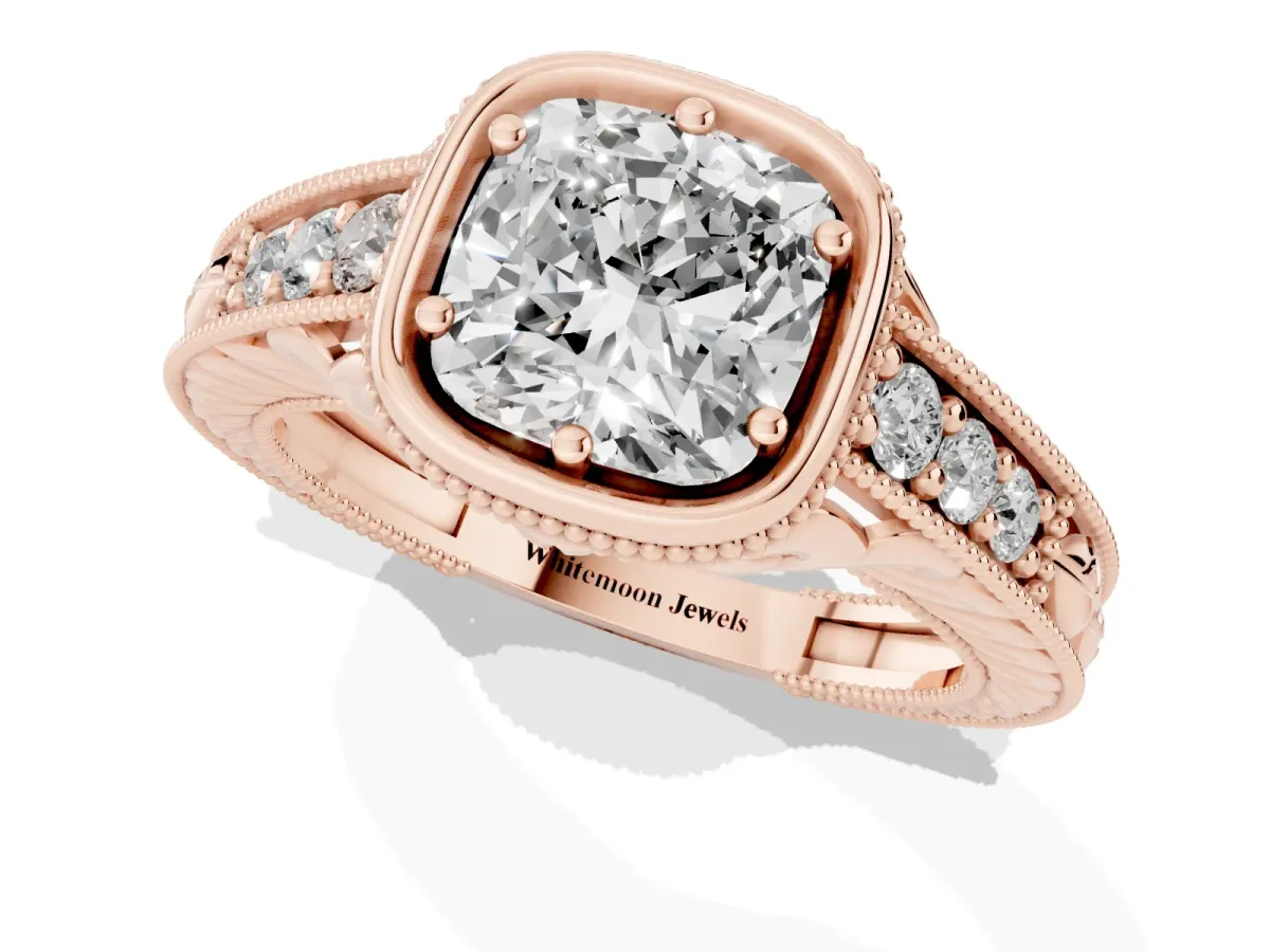 Bezel Set Cushion Cut Diamond Milgrain Pave Engagement Ring Rose gold