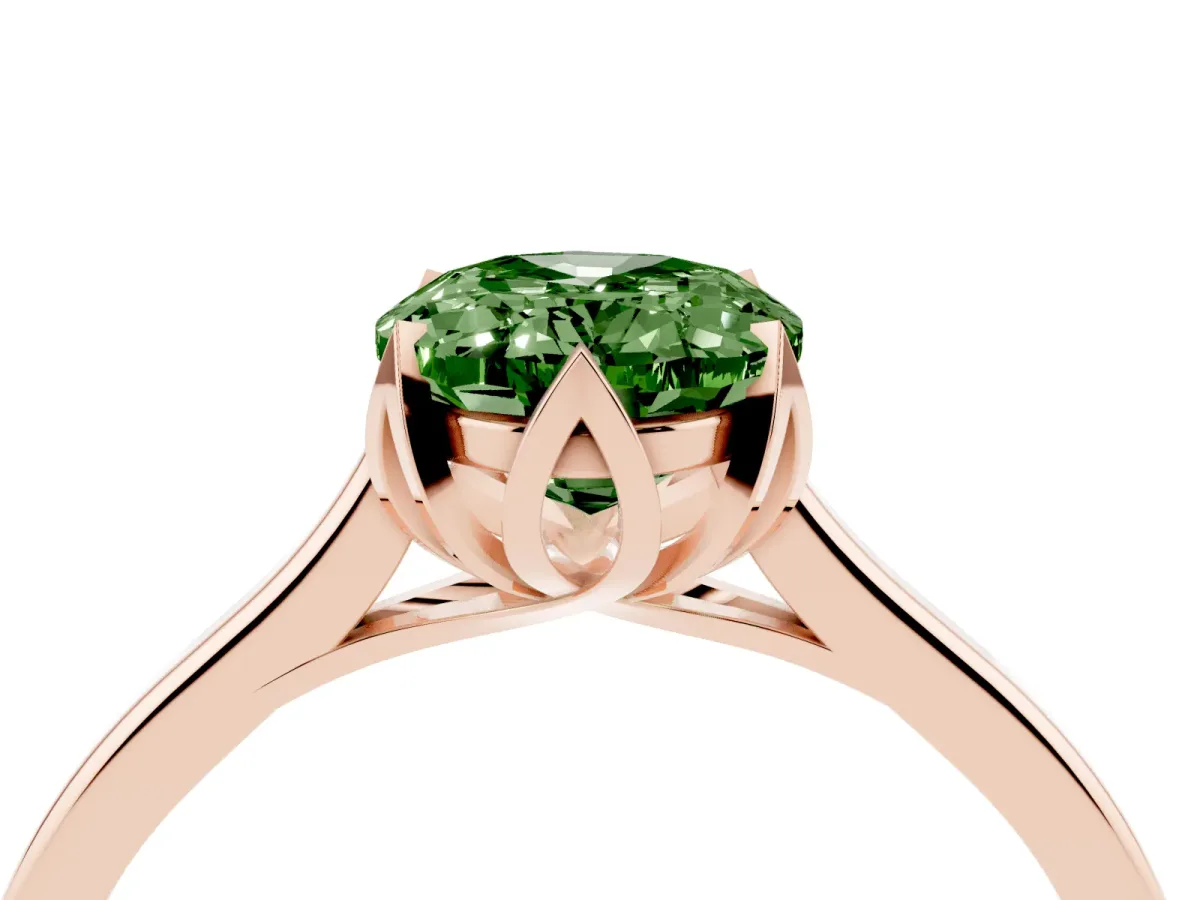 Fancy Green Oval Cut Diamond Solitaire Ring with Flower Prong Setting and Classic Band Rose gold