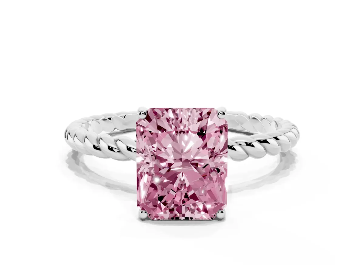 Fancy Pink Radiant Cut Solitaire Twist Band Ring with Four-Prong Setting Platinum