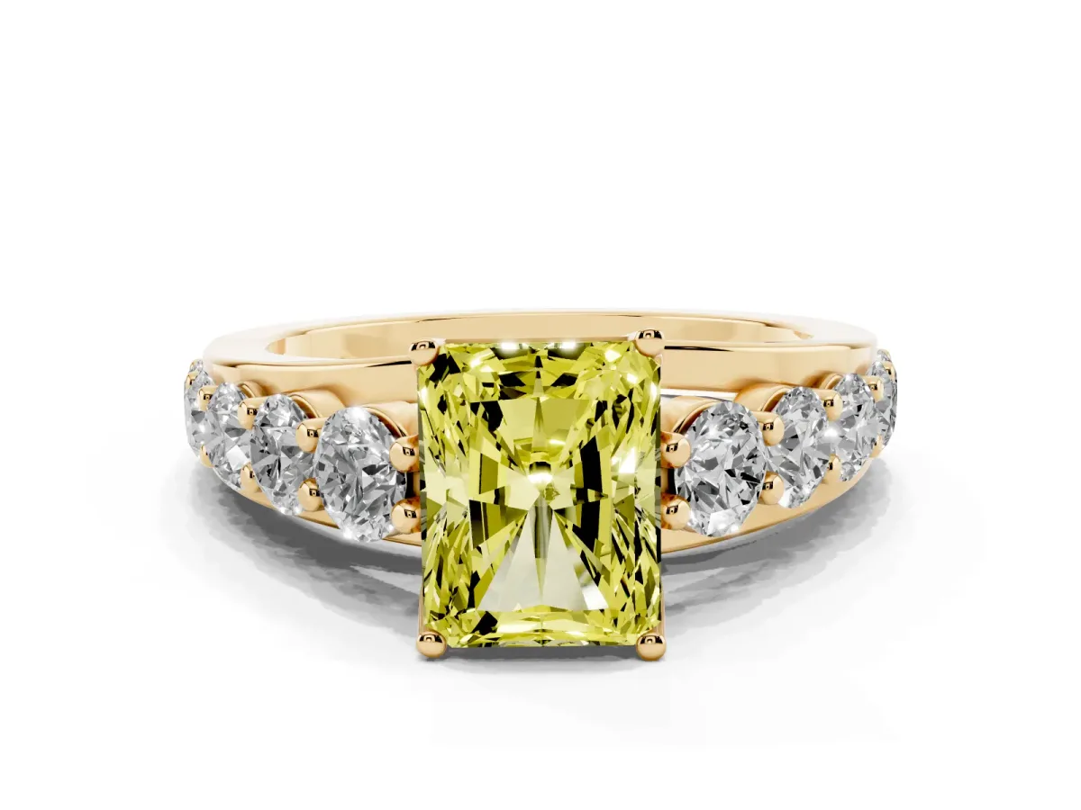 Fancy Yellow Radiant Cut Diamond Engagement Ring with Pavé Band and Four-Prong Setting Yellow gold