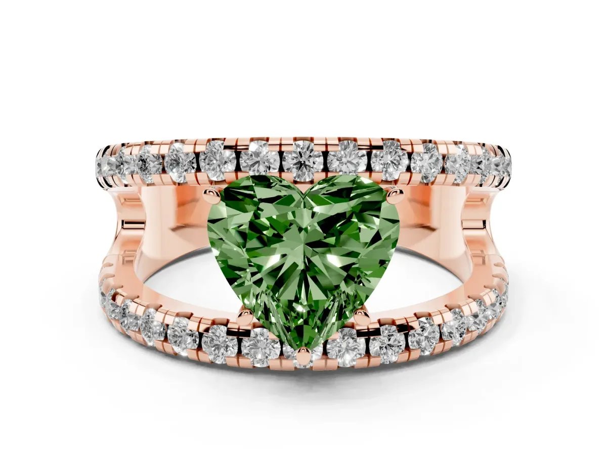 Fancy Green Heart Cut Solitaire Split Shank Pave Diamond Ring Rose gold