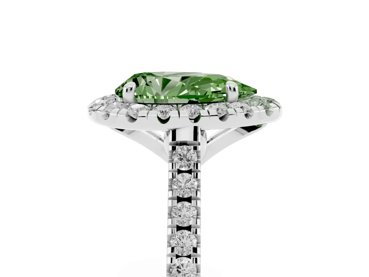 Fancy Green Pear Cut Diamond Cushion Halo Ring with Pavé Band White gold